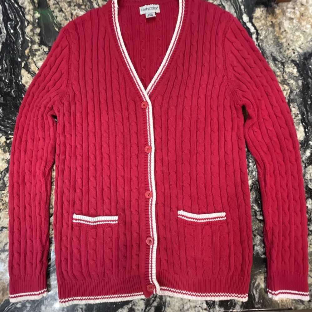 VTG Cardigan Sweater Cable Knit Red 90s Holiday Classic Varsity Prep Large